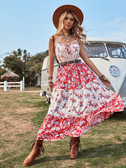 Floral Colorblock Spaghetti Strap Sleeveless Backless Ruffle Hem Cami Dress