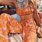 Orange Floral Print Spaghetti Strap Sleeveless Cami Top and Belted Pants