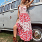 Floral Colorblock Spaghetti Strap Sleeveless Backless Ruffle Hem Cami Dress