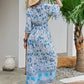 Blue Tie Neck Tassel Trim Floral Print Ruffle Hem Dress