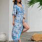 Blue Tie Neck Tassel Trim Floral Print Ruffle Hem Dress