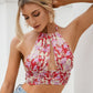 Halter Neck Cut-out Ruched Backless Sleeveless Floral Crop Top