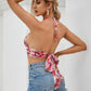 Halter Neck Cut-out Ruched Backless Sleeveless Floral Crop Top