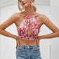 Halter Neck Cut-out Ruched Backless Sleeveless Floral Crop Top