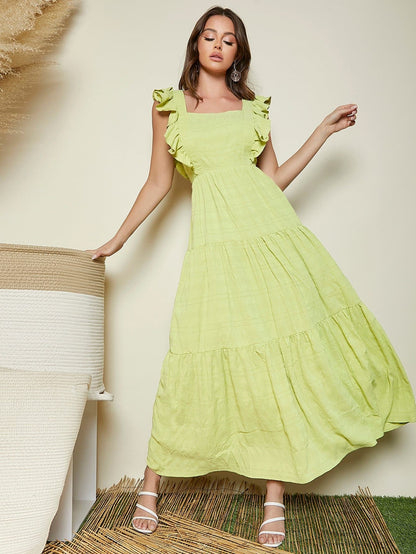 Lime Green Square Neck Tie Backless Ruffle Armhole Tiered Hem Dress