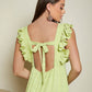 Lime Green Square Neck Tie Backless Ruffle Armhole Tiered Hem Dress