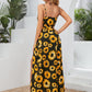 Wrap Tie Front Sunflower Print Spaghetti Strap Sleeveless Split Thigh Cami Dress
