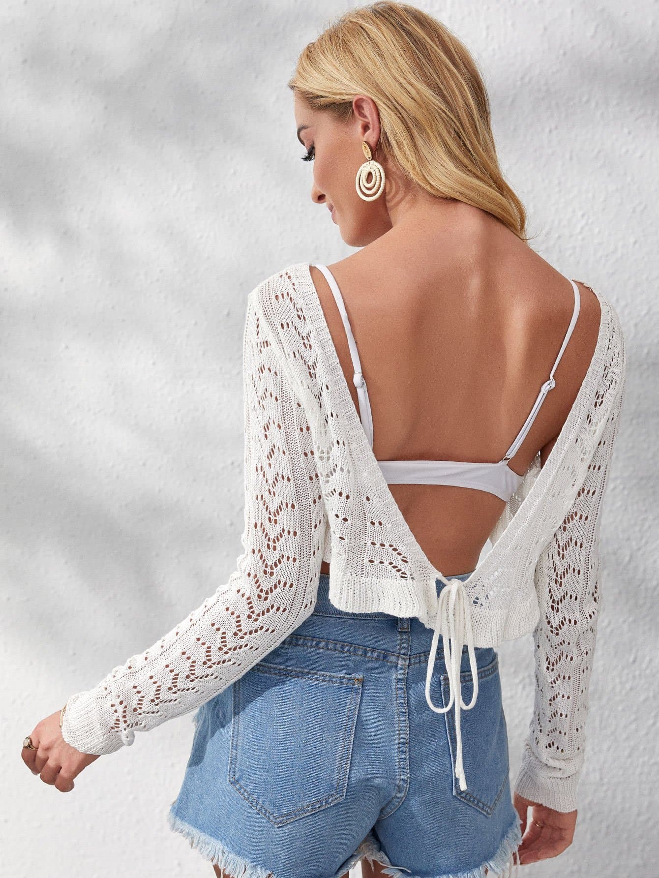 White Boat Neck Crop Backless Cover Up