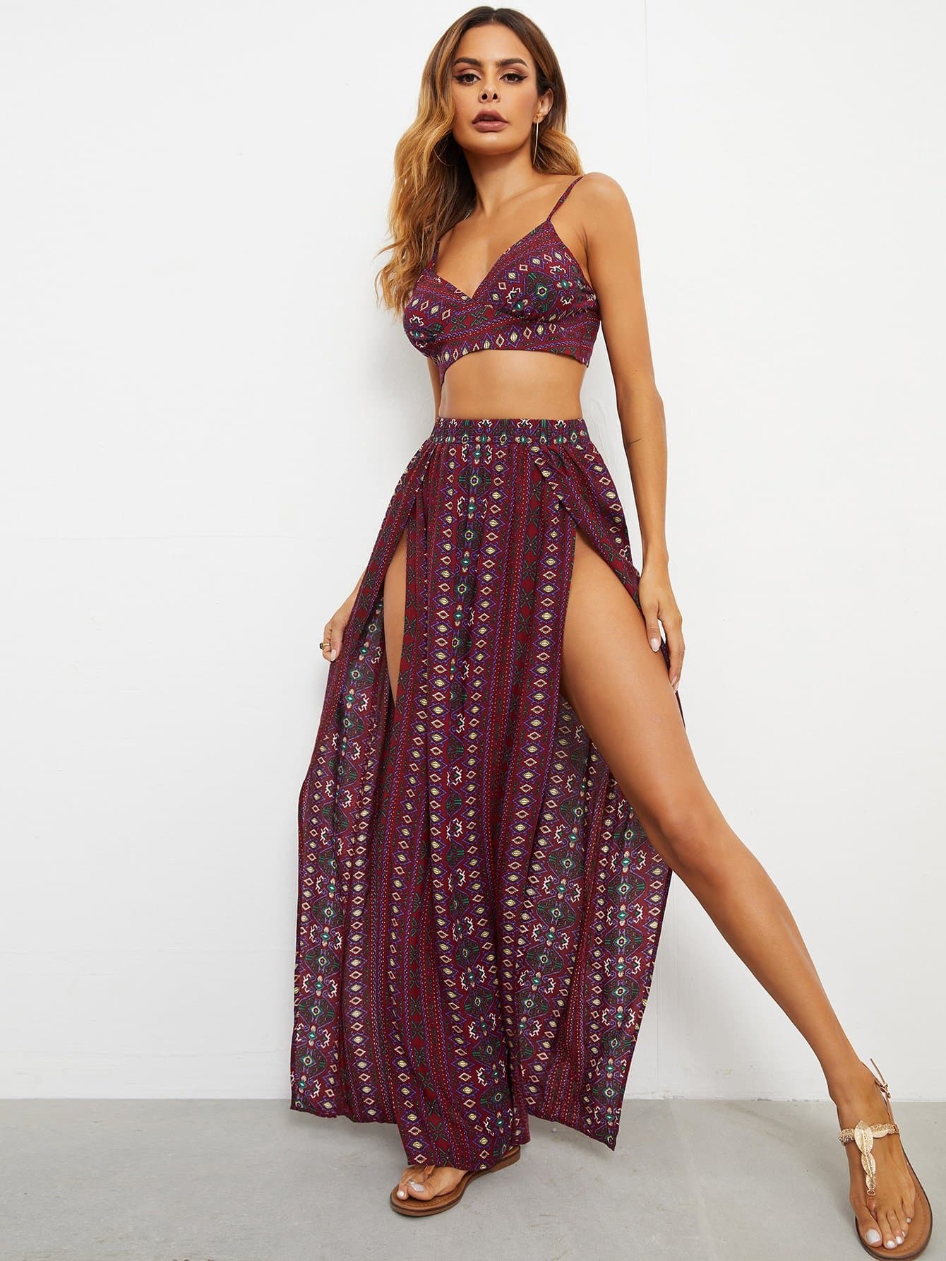 Tie Backless Spaghetti Strap Sleeveless Crop Cami Top and M-slit Thigh Skirt Set
