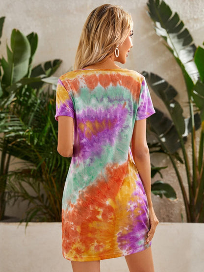 Notched Neck Pocket Front Tie Dye Dress