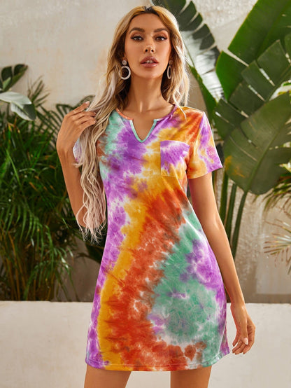 Notched Neck Pocket Front Tie Dye Dress