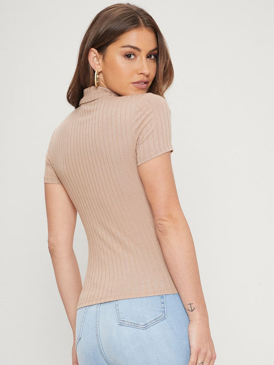 Rib-Knit Button Front Slim Fit Top