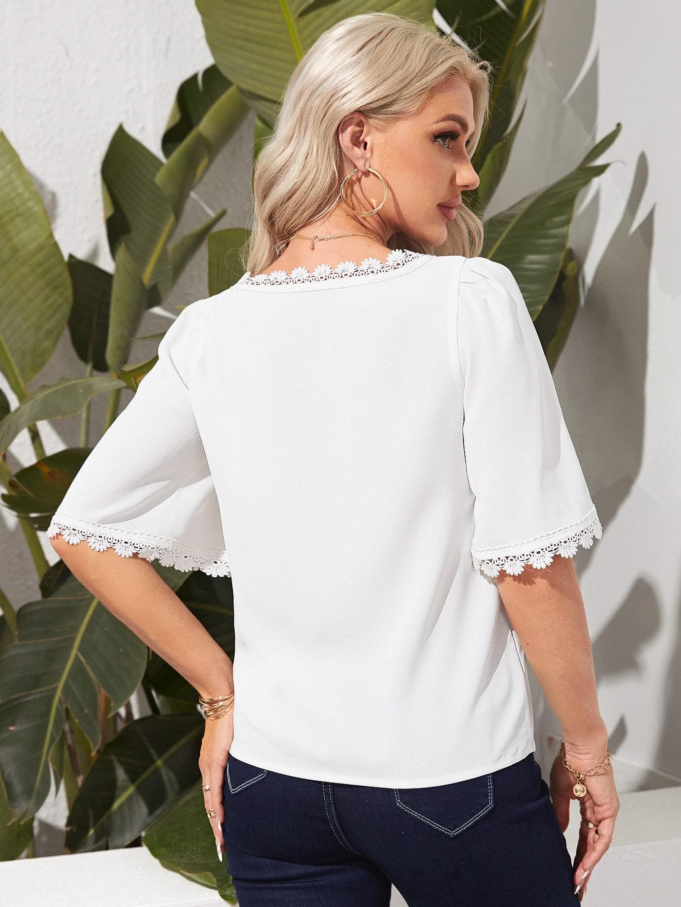 White V-Neck Solid Lace Trim Top