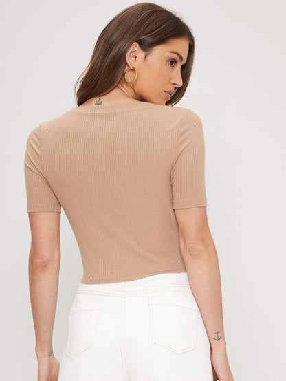 Brown Rib-Knit Ruched Slim Fit Crop Top