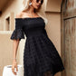 Black Round Off Shoulder Neck Swiss Dot Shirred Bardot Dress