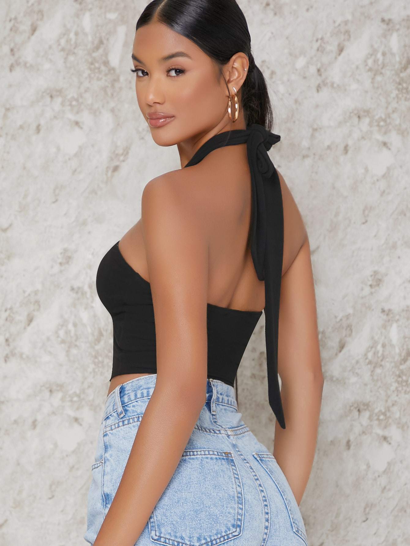 Backless Sleeveless Cutout Self-Tie Halter Crop Top