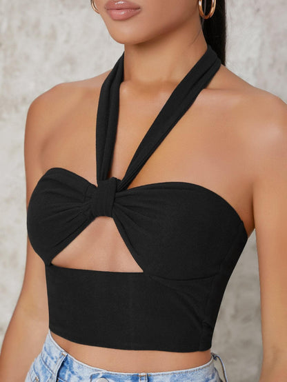 Backless Sleeveless Cutout Self-Tie Halter Crop Top