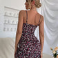 Spaghetti Strap Sleeveless Ruched Drawstring Knot Ditsy Floral Cami Slim Fit Dress