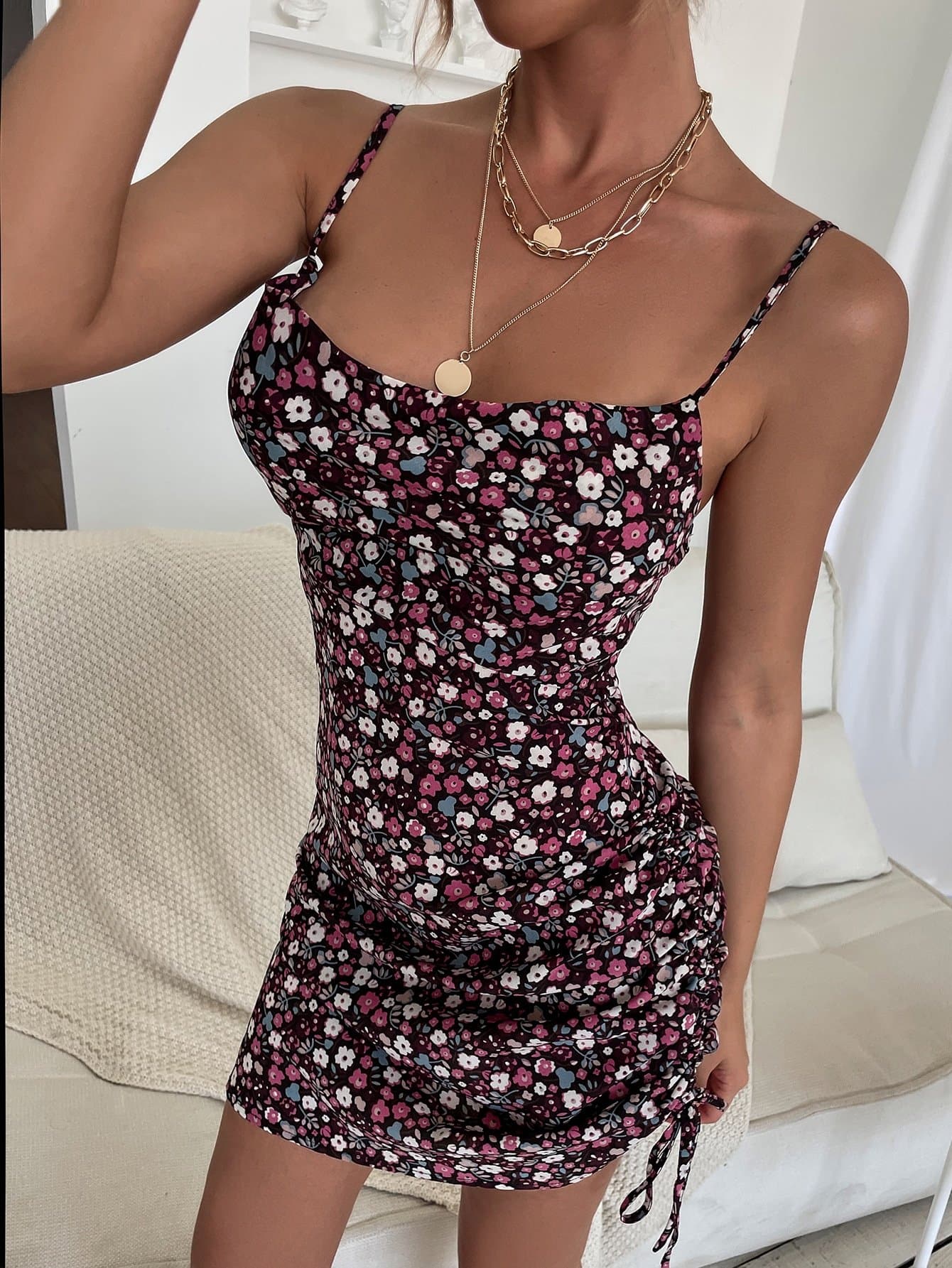 Spaghetti Strap Sleeveless Ruched Drawstring Knot Ditsy Floral Cami Slim Fit Dress