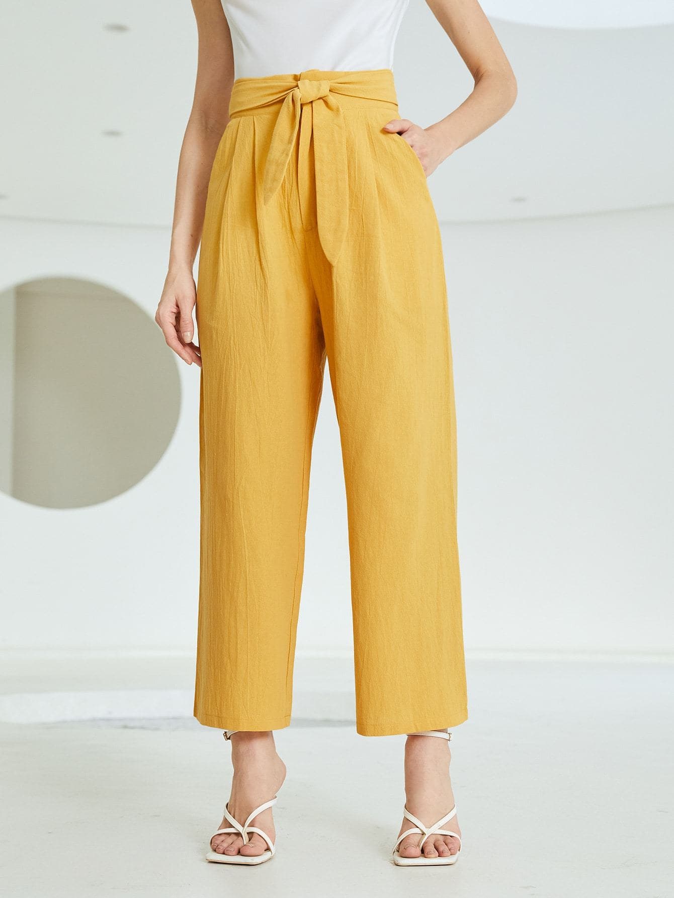 Yellow Tie Front Wide Leg High Waist Cropped Pants