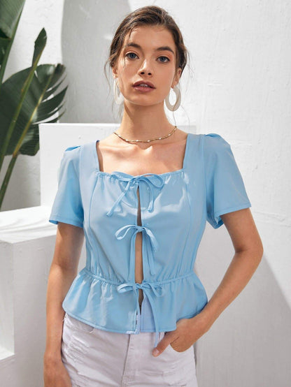 Blue Puff Sleeve Square Neck Tie Front Peplum Top