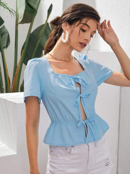 Blue Puff Sleeve Square Neck Tie Front Peplum Top