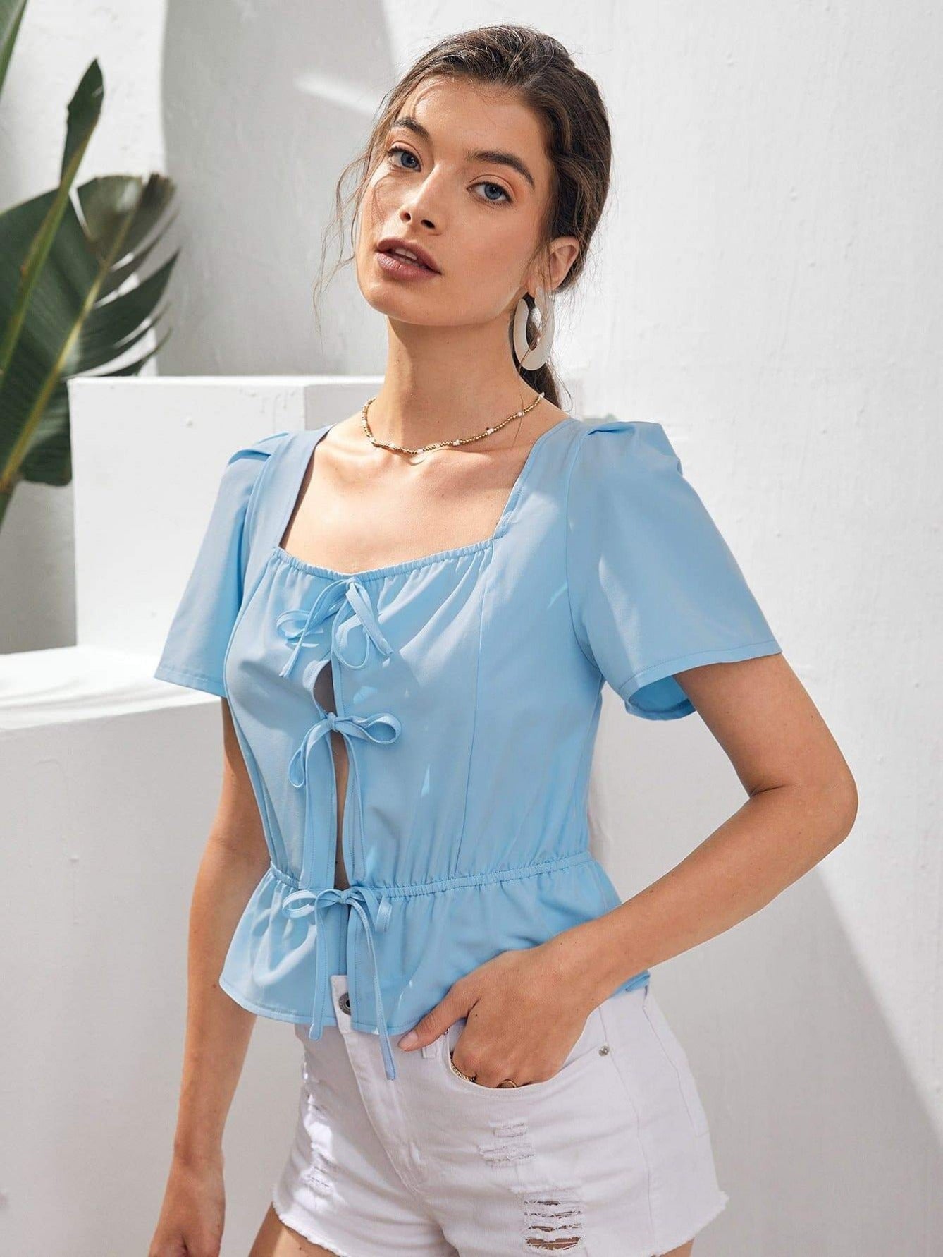 Blue Puff Sleeve Square Neck Tie Front Peplum Top