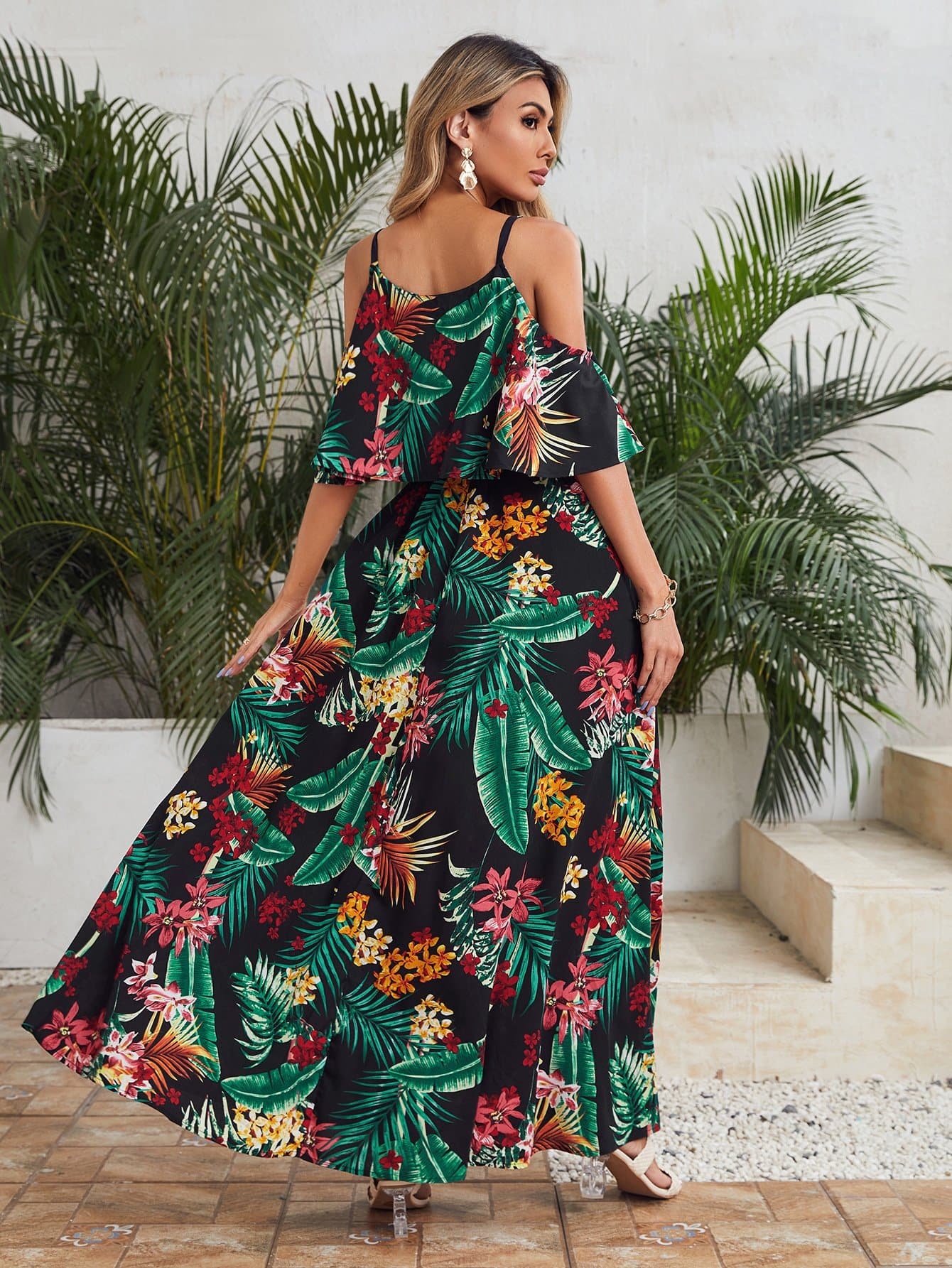 Boho Cold Shoulder Tropical Print High Waist Dress