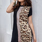 Stand Collar Contrast Sequin Leopard Panel Tee Dress