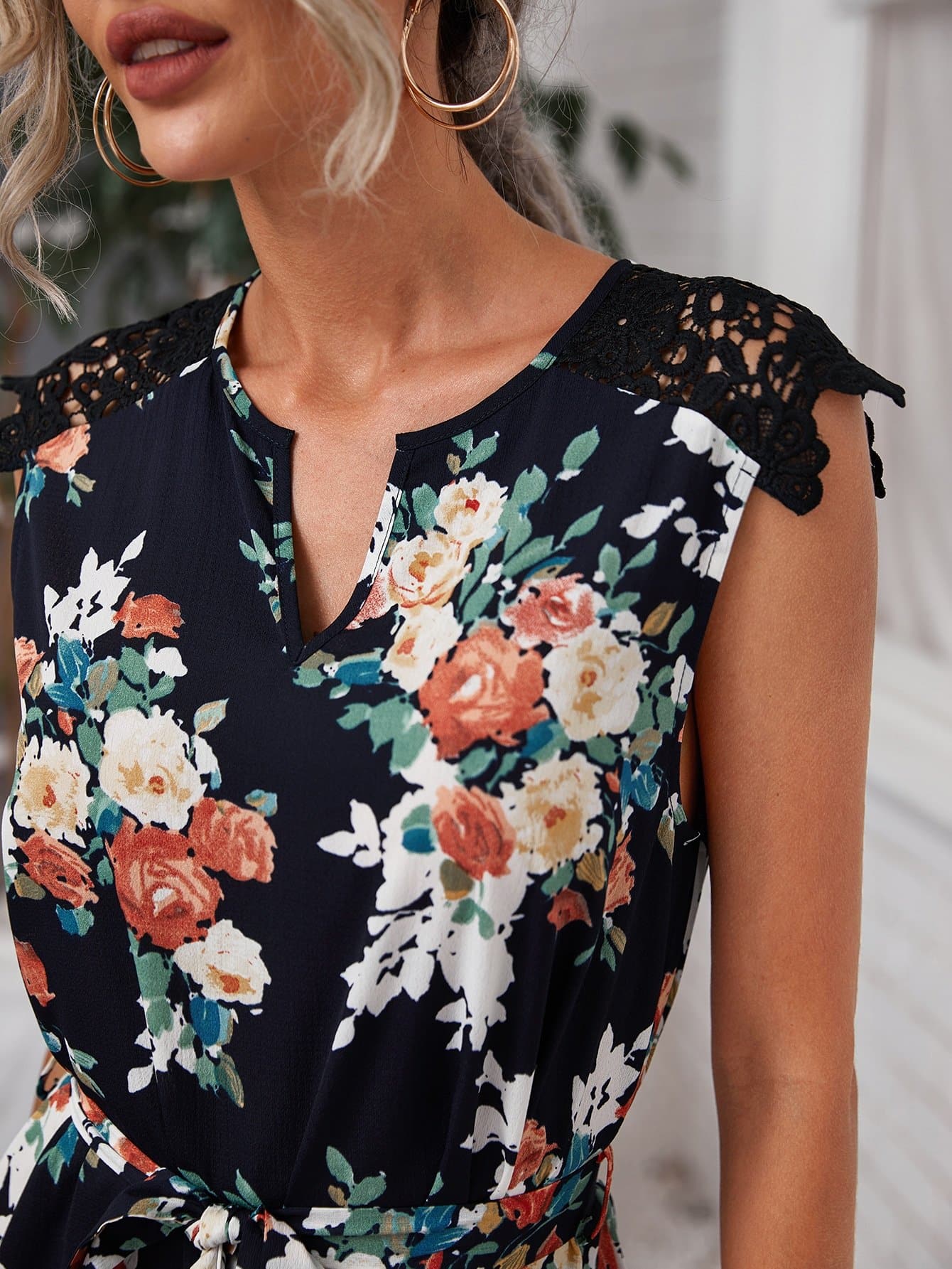 Sleeveless Notch Neck Guipure Lace Belted Floral Dress