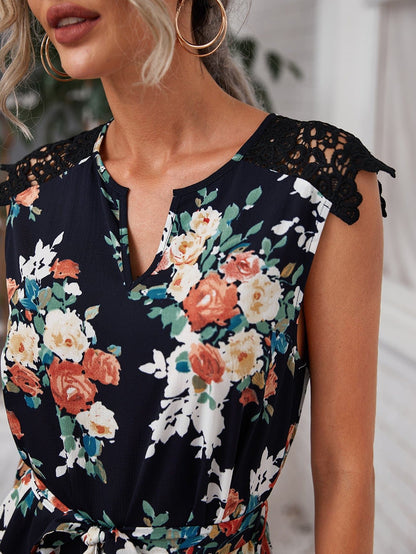 Sleeveless Notch Neck Guipure Lace Belted Floral Dress