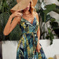 Sleeveless Backless Self Belted Tropical Print Halter Dress
