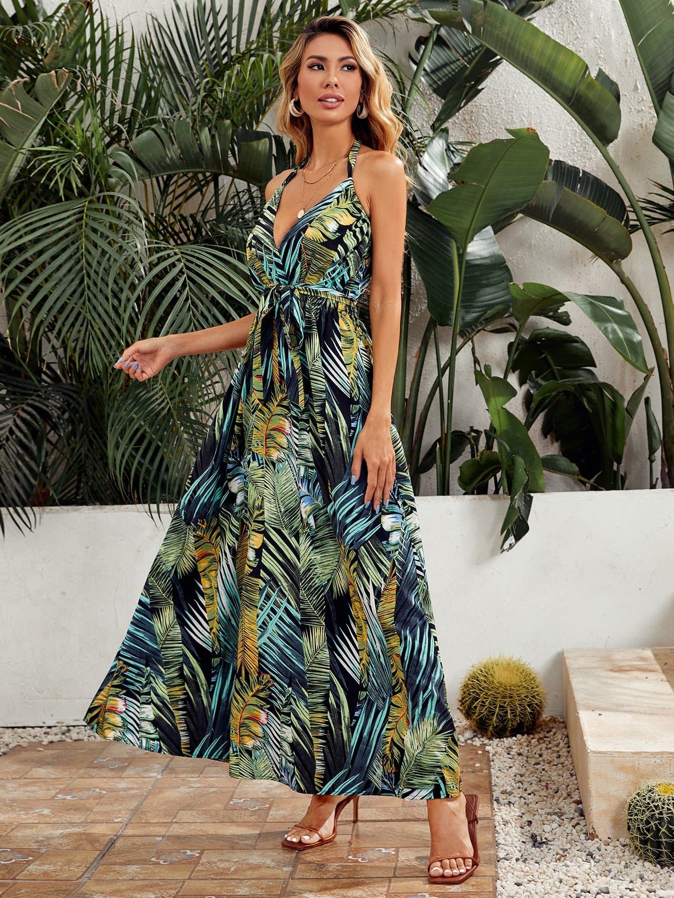 Sleeveless Backless Self Belted Tropical Print Halter Dress