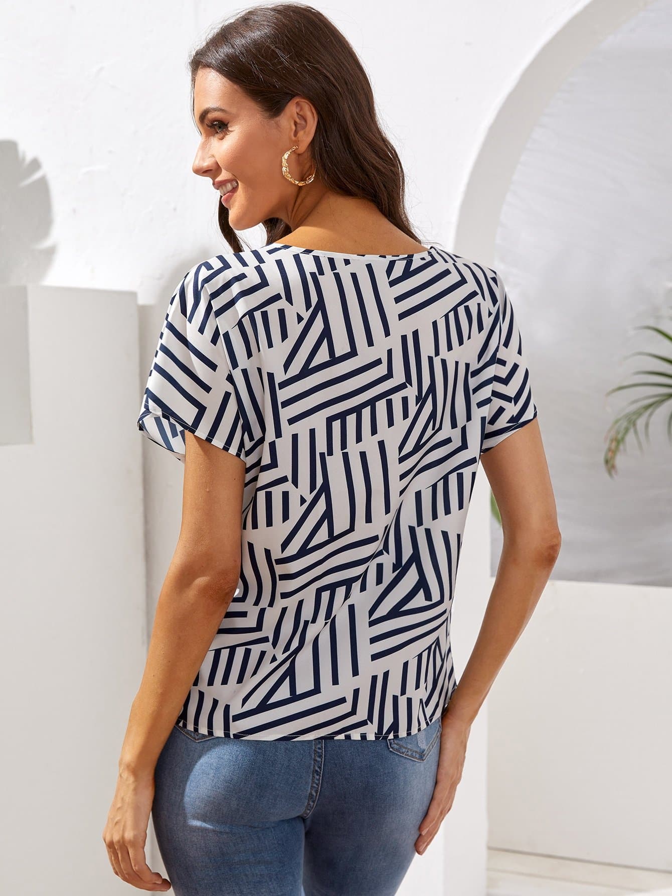 Blue White Notch Neck Batwing Sleeve Striped Top