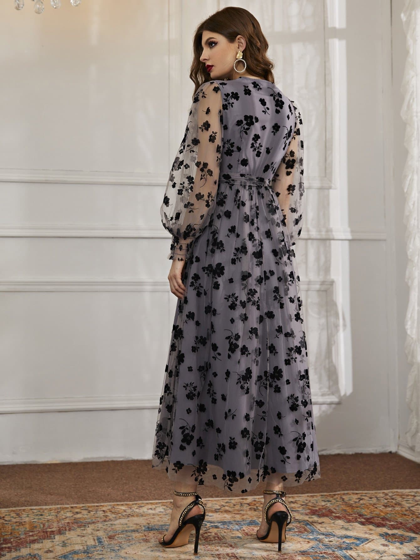 Dark Grey V-Neck Floral Mesh Belted Surplice Front Dress