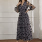 Dark Grey V-Neck Floral Mesh Belted Surplice Front Dress