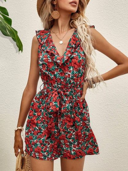 V-Neck Allover Floral Ruffle Trim Belted High Waist Romper