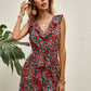 V-Neck Allover Floral Ruffle Trim Belted High Waist Romper