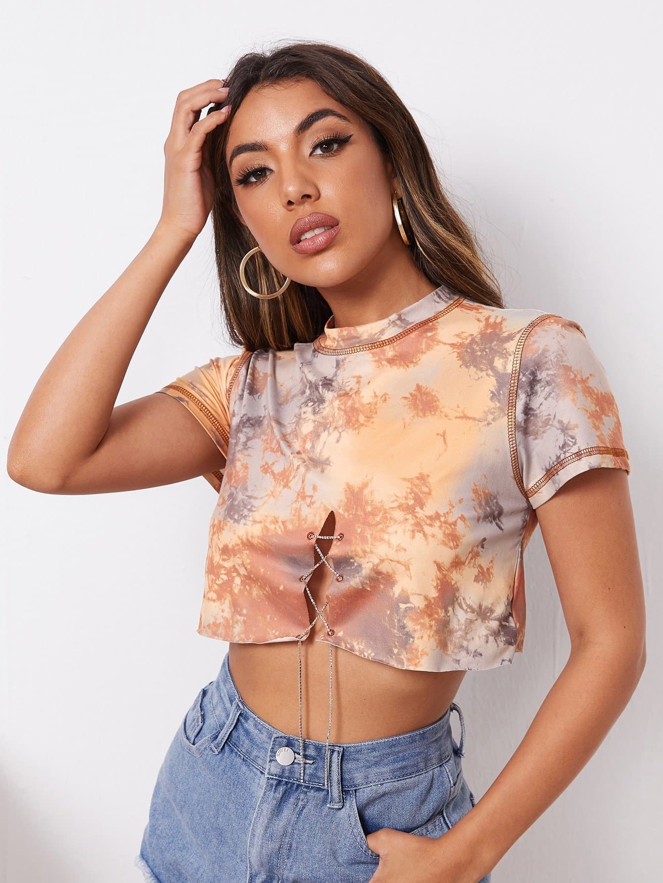 Stand Collar Rhinestone Lace Up Front Tie Dye Crop Top