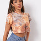 Stand Collar Rhinestone Lace Up Front Tie Dye Crop Top