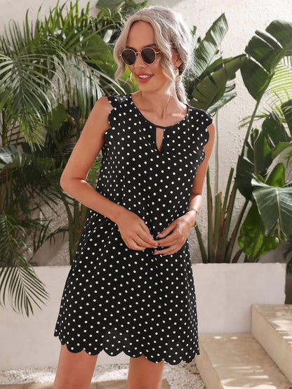 Black Polka Dot Keyhole Neckline Scallop Trim Dress