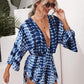 Blue White V-Neck Tie Dye Bell Sleeve Drawstring Ruched Side Romper