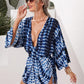 Blue White V-Neck Tie Dye Bell Sleeve Drawstring Ruched Side Romper