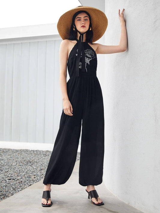 Black Self Tie Backless Floral Embroidered Sleeveless High Waist Jumpsuit