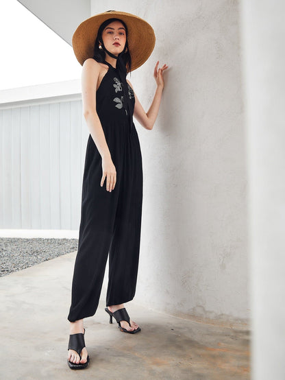 Black Self Tie Backless Floral Embroidered Sleeveless High Waist Jumpsuit