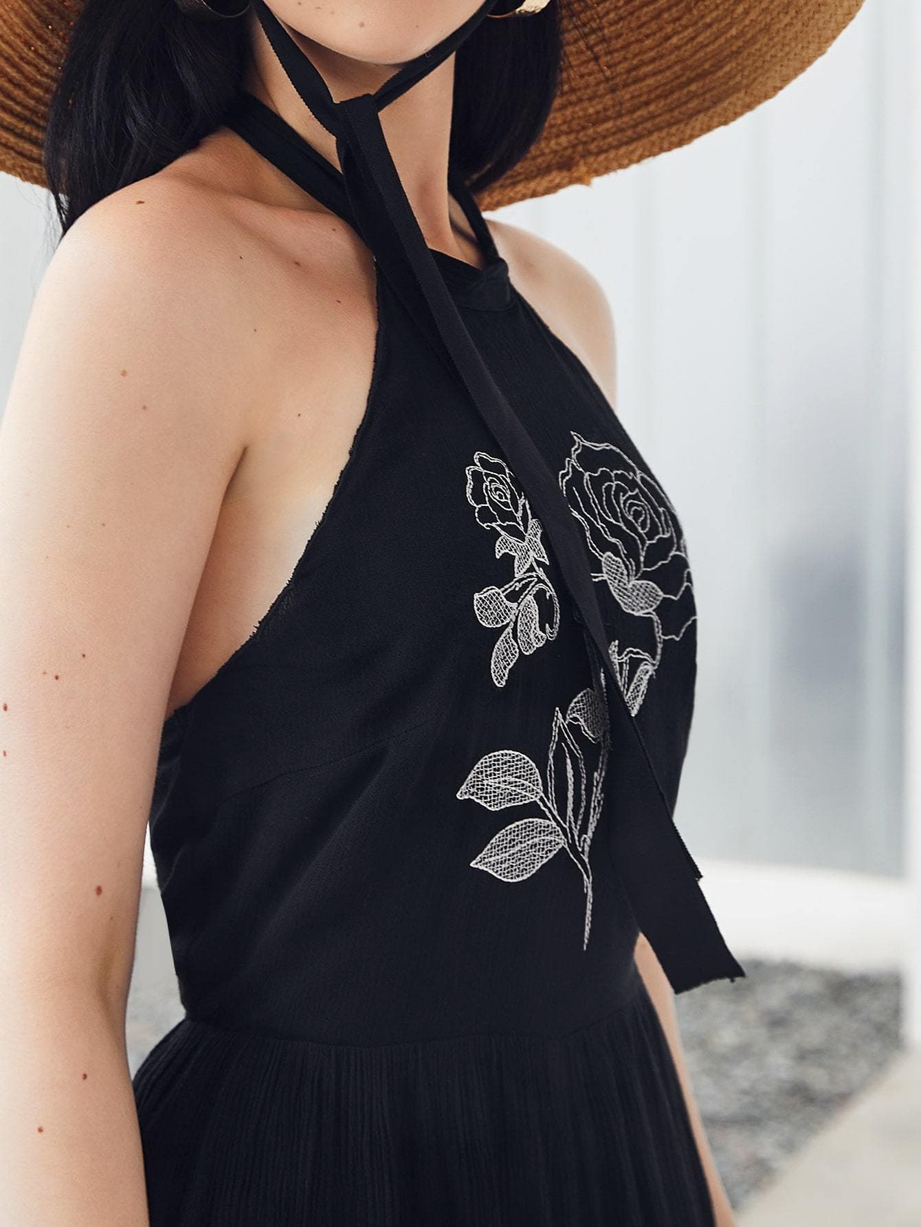 Black Self Tie Backless Floral Embroidered Sleeveless High Waist Jumpsuit