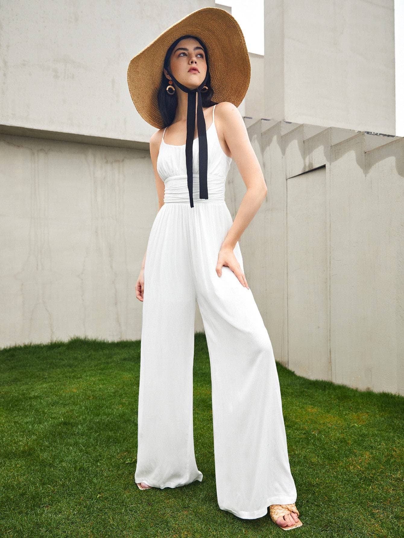 White Crisscross Back Sleeveless Spaghetti Strap Cami Jumpsuit