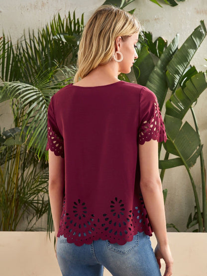 Maroon Round Neck Laser Cut Solid Top