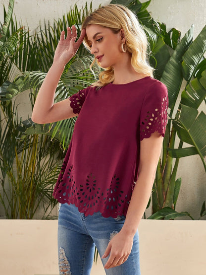 Maroon Round Neck Laser Cut Solid Top