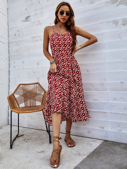 Burgundy Spaghetti Strap Sleeveless Ditsy Floral Ruffle Trim Cami Dress